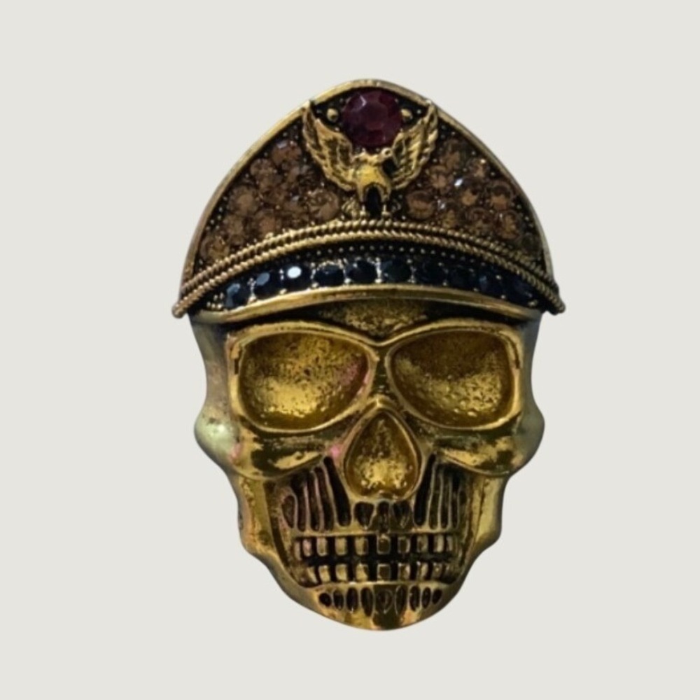 Gold Tone Skull Brooch Military Cap Eagle Rhinestone Gothic Biker Pin Accessory